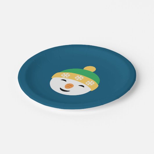 Weihnachts-Snowman in Green Hat on Blue Pappteller (Schrägansicht)