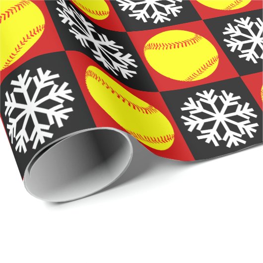 Weihnachts Softball Red und Black Snowflake Muster Geschenkpapier (Rolleneckpunkt)