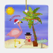 Weihnachts Sommer Flamingo Beach Personalisierter Keramikornament (Rückseite)