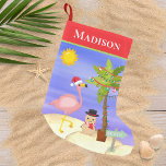 Weihnachts Sommer Flamingo Beach Personalisierter  Kleiner Weihnachtsstrumpf<br><div class="desc">Dieses Design besticht durch eine niedliche Weihnachtsszene mit einem festlichen tropischen Flamingo mit einer Weihnachtsmannmütze, Weihnachtsbeleuchtung auf einer Palme und einem sandigen Schneemann am Strand. Perfekt für alle, die ein Weihnachtsfest #merry #merrychristmas #Xmas #sommerchristmas #tropicalchristmas #flamingo #beachchristmas #beach #tropical #niedlich #holidays #gifts #gift #gift #saisononal #festivity #trendy #trendy #trendy #press...</div>