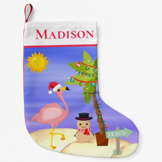 Weihnachts Sommer Flamingo Beach Personalisierter  Kleiner Weihnachtsstrumpf (Vorderseite)