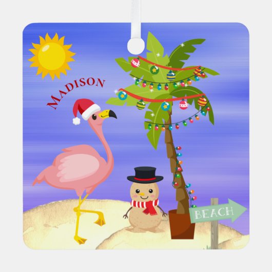 Weihnachts Sommer Flamingo Beach Personalisierter  Ornament Aus Metall (Vorderseite)