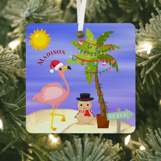Weihnachts Sommer Flamingo Beach Personalisierter Ornament Aus Metall (InSitu)