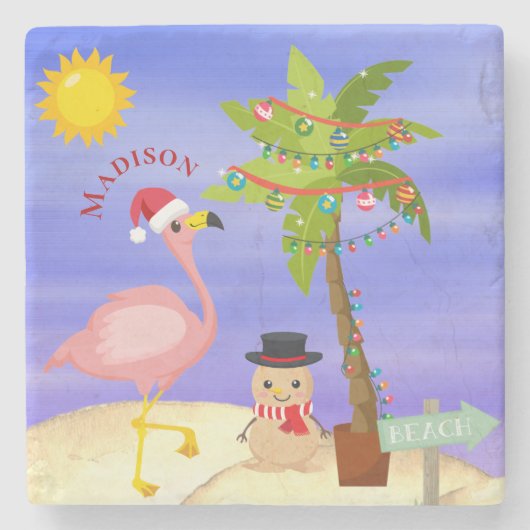 Weihnachts Sommer Flamingo Beach Personalisierter Steinuntersetzer (Vorderseite)