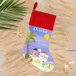 Weihnachts-Sommer-Santa Beach Kinder Personalisier Weihnachtsstrumpf<br><div class="desc">Dieses Design besticht durch eine niedliche Weihnachtsszene mit einem tropischen Santa mit festlicher Palme und einem sandigen Schneemann am Strand. Ideal für alle,  die eine tropische Weihnachtsfeier oder eine Sommerweihnachtsfeier feiern,  Personalisiert durch das Editieren des Textes in der dafür vorgesehenen Textbox #Christmas #Xmas#christmasdecor #christmauerings #christmauerings #kids #giftsforkids</div>