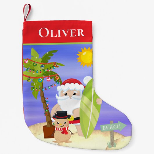 Weihnachts Sommer Santa Beach Surfen Personalisier Kleiner Weihnachtsstrumpf (Vorderseite)