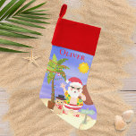 Weihnachts-Sommerferien - Santa Beach Personalisie Weihnachtsstrumpf<br><div class="desc">Weihnachts Sommer Santa Beach Urlaub Personalisiert Weihnachten Strumpf bietet eine niedliche Weihnachtsstrand-Szene mit tropischen Santa mit festlichen Palmen und sandigem Schneemann am Strand. Ideal für alle,  die ein tropisches oder sommerliches Weihnachten feiern. Entworfen von © Evco Holidays www.zazzle.com/store/evcoholidays</div>