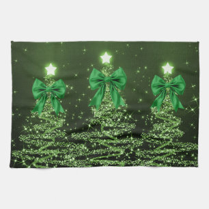 Weihnachts-Sparkling-Bäume Grün Faux-Schleife Geschirrtuch