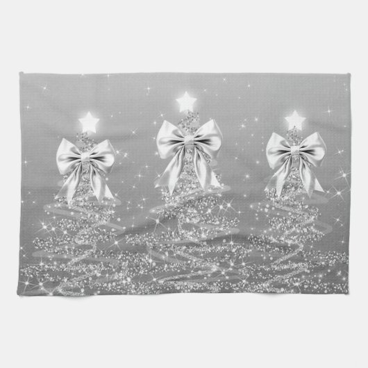 Weihnachts-Sparkling-Bäume Silber-Faux-Bogen Geschirrtuch (Horizontal)