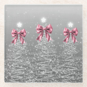 Weihnachts-Sparkling-Bäume Silber Faux Rosa Schlei Glasuntersetzer