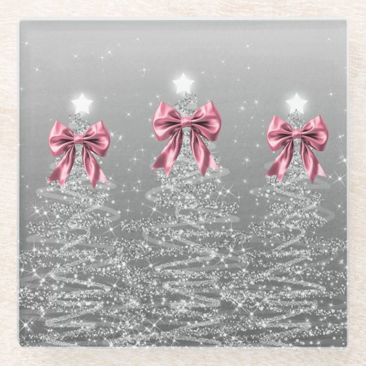 Weihnachts-Sparkling-Bäume Silber Faux Rosa Schlei Glasuntersetzer (Vorderseite)