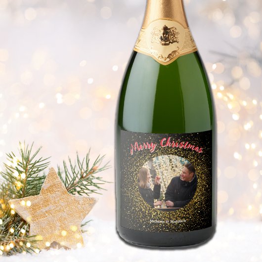 Weihnachts Sparkling Glitzer Black Custom Foto Schaumweinetikett