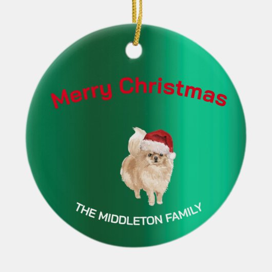 Weihnachts-Spitz Dog Green Frohe Gruß Keramik Ornament (Vorne)