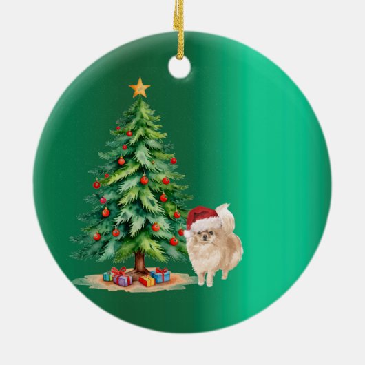 Weihnachts-Spitz Dog Green Frohe Gruß Keramik Ornament (Hinten)