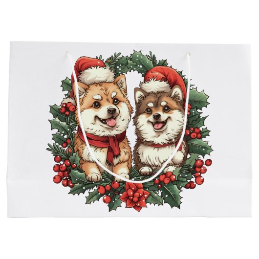 Weihnachts-Spitz Hogs Mistletoe Wreath Große Geschenktüte (Rückseite)