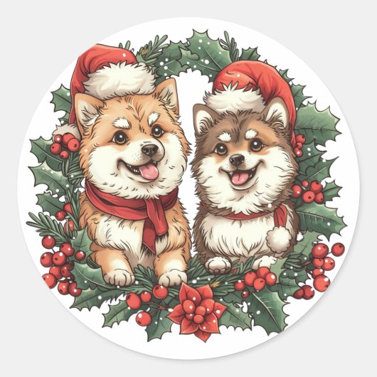 Weihnachts-Spitz Hogs Mistletoe Wreath Runder Aufkleber (Vorderseite)
