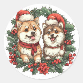 Weihnachts-Spitz Hogs Mistletoe Wreath Runder Aufkleber