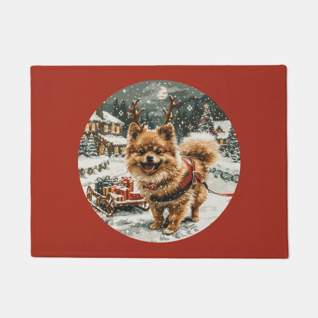 Weihnachts-Spitz Rentier Dog Fußmatte (Vorderseite)