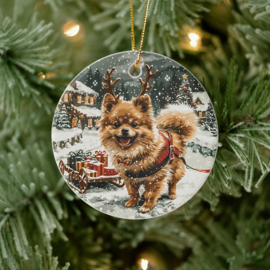 Weihnachts-Spitz Rentier Dog Keramik Ornament (Baum)
