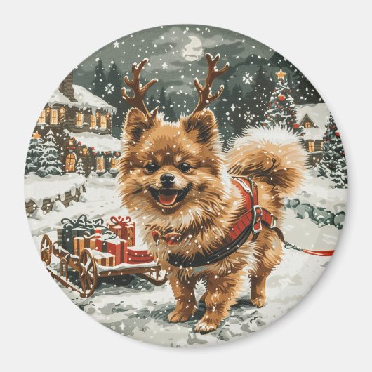 Weihnachts-Spitz Rentier Dog Magnet (Vorne)