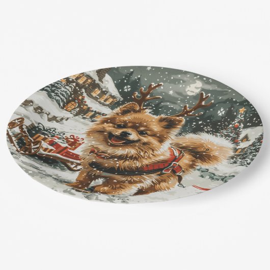 Weihnachts-Spitz Rentier Dog Pappteller (Schrägansicht)