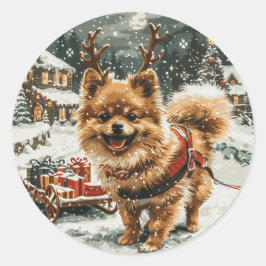 Weihnachts-Spitz Rentier Dog Runder Aufkleber
