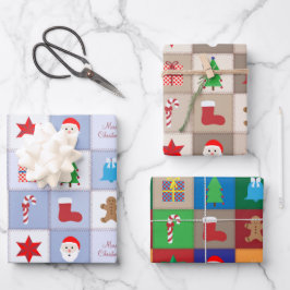 Weihnachts-Square-Muster Blau Beige und farbenfroh Geschenkpapier Set