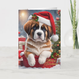 Weihnachts-St. Bernard-Welpe in einem Korb Feiertagskarte