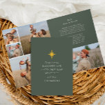 Weihnachts-Star-Jahr im Review-FotoCollage Einladung<br><div class="desc">Diese moderne, minimalistisch grüne Weihnachtskarte bietet einen schlichten goldfarbenen Weihnachtsstar mit einer bearbeitbaren religiösen Weihnachtsgrüßbotschaft und Ihren individuelle Name auf einem klassischen grünen Hintergrund. Im Inneren befindet sich eine Collage aus Foto und ein Jahr im Rezensionsschreiben für Freunde und Familie. Die Rückseite dieser einfach gefalteten Urlaubskarte ist ein komplettes Foto!...</div>