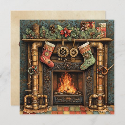 Weihnachts-Steampunk-Kaminkarte (Vorne/Hinten)