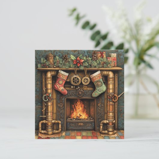 Weihnachts-Steampunk-Kaminkarte (Stehend Vorderseite)