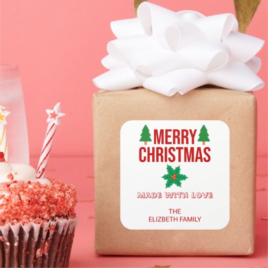 Weihnachts-Stechpaleren-Frucht Selbstgemachtes Ess Quadratischer Aufkleber (Party)