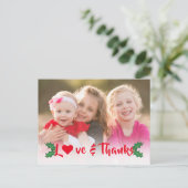 Weihnachts-Stechpalme Rot Skript Danke Postkarte (Stehend Vorderseite)