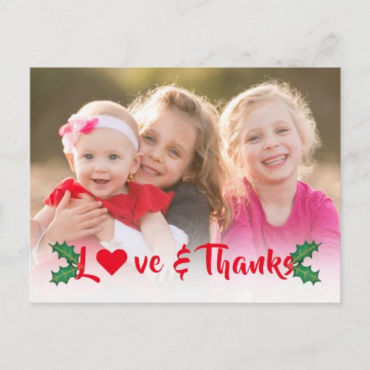 Weihnachts-Stechpalme Rot Skript Danke Postkarte (Vorderseite)