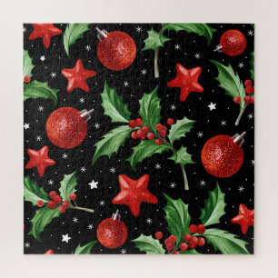 Weihnachts-Stechpalme-Schnee-Sterne nahtlos Puzzle