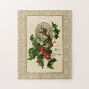 Weihnachts-Stechpalmen-Katze Vintage-Reproduktion Puzzle