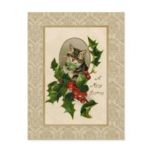 Weihnachts-Stechpalmen-Katze Vintage-Reproduktions