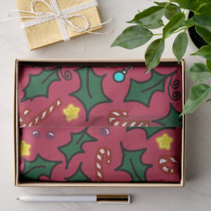 Weihnachts-Stechpalmen-Sterne-und-Zuckerstangen-Mu Seidenpapier