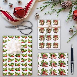 Weihnachts-Stechpalmenblätter & Beeren Glocken & G Geschenkpapier Set