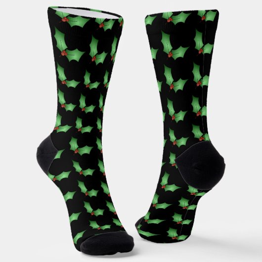 Weihnachts-Stechpalmenmuster auf Schwarz Socken (Gewinkelt)