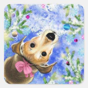 Weihnachts-Sticker-Welpe mit rosa Band Quadratischer Aufkleber