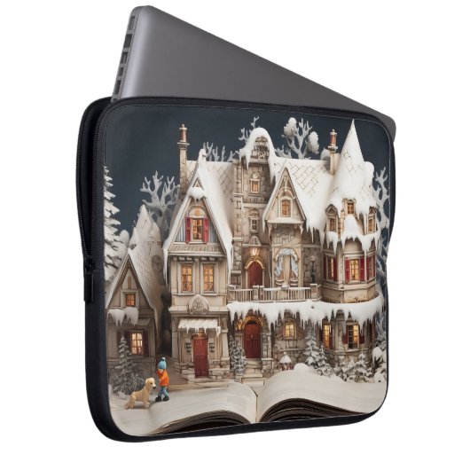 Weihnachts Storybook Manor mit Kind & Hund Laptopschutzhülle (Vorne Rechts)