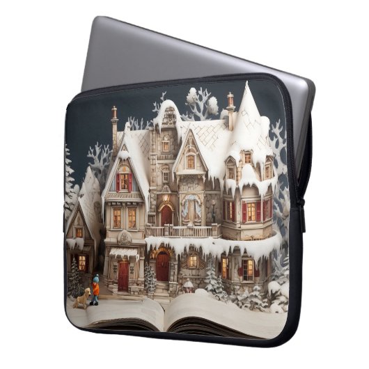 Weihnachts Storybook Manor mit Kind & Hund Laptopschutzhülle (Vorderseite Links)