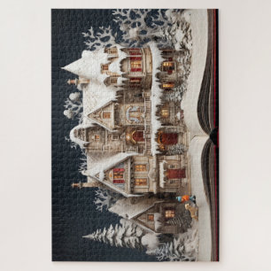 Weihnachts Storybook Manor mit Kind & Hund Puzzle