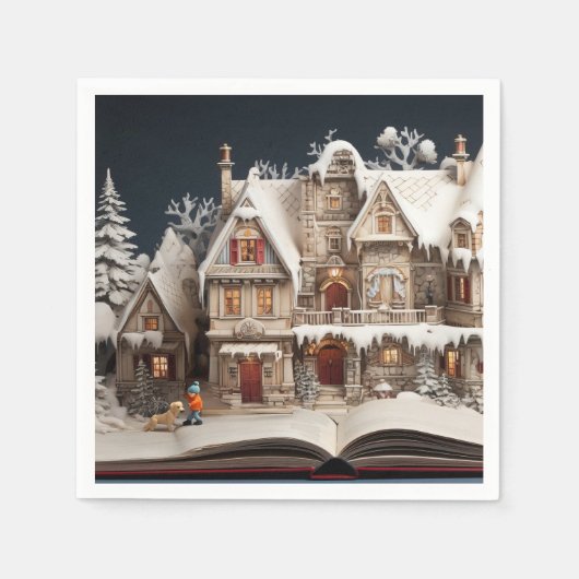Weihnachts Storybook Manor mit Kind & Hund Serviette (Vorderseite)