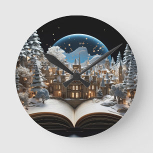 Weihnachts-Storybook Snow-Globe Village Runde Wanduhr