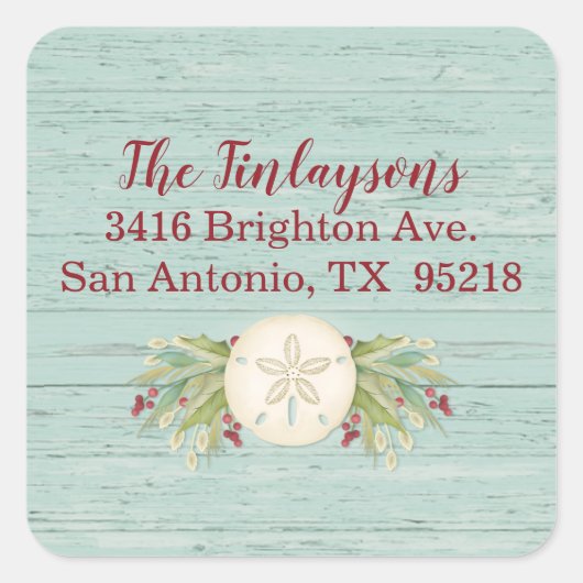 Weihnachts-Strandadresse-Label an der Küste Quadratischer Aufkleber (Vorderseite)