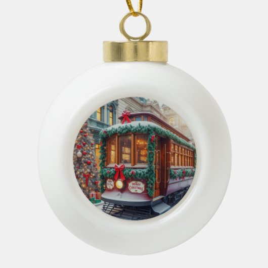 Weihnachts-Streetcar im Schnee Keramik Kugel-Ornament (Vorderseite)