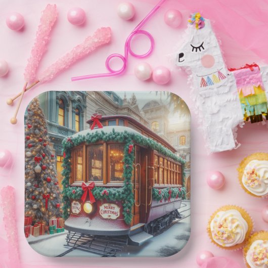 Weihnachts-Streetcar im Schnee Pappteller (Party)