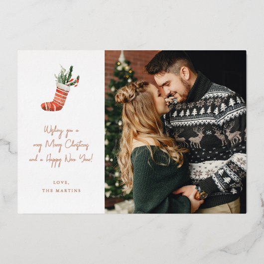 Weihnachts-Strumpf Hinweis Foto Weihnachten Folieneinladung (Vorderseite)